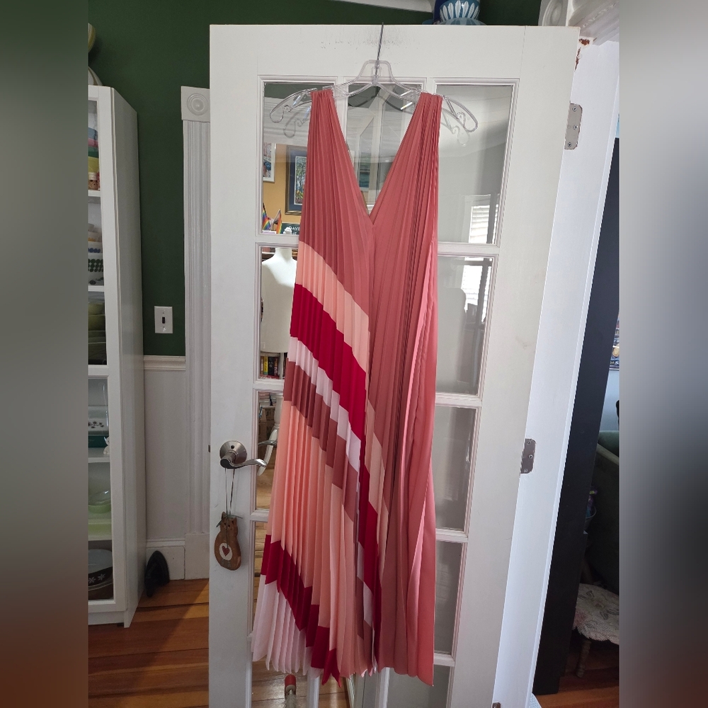 Tome V-Neck Coral Pleated Maxi Dress with Colorblock Stripes - Size XL - Picture 6 of 12